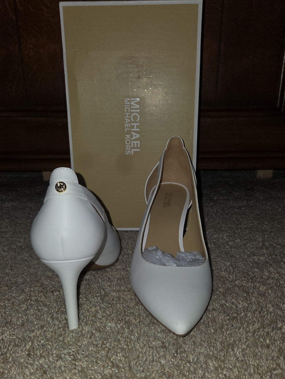 Michael Kors White Pointed-Toe Slingback Heels with Gold MK Accent